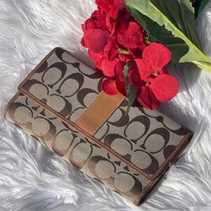 Coach Long Envelope Wallet Canvas Khaki Brown Tan Leather Inside
